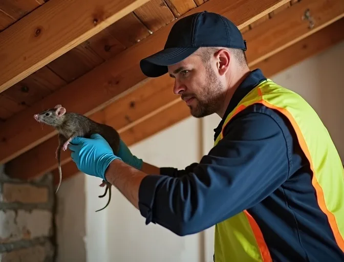 Technician inspecting a roof cavity for a dead rat in Ivanhoe